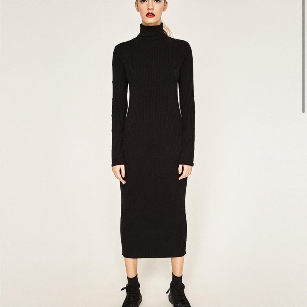 Zara Black Rib Knit Turtleneck Maxi Dress